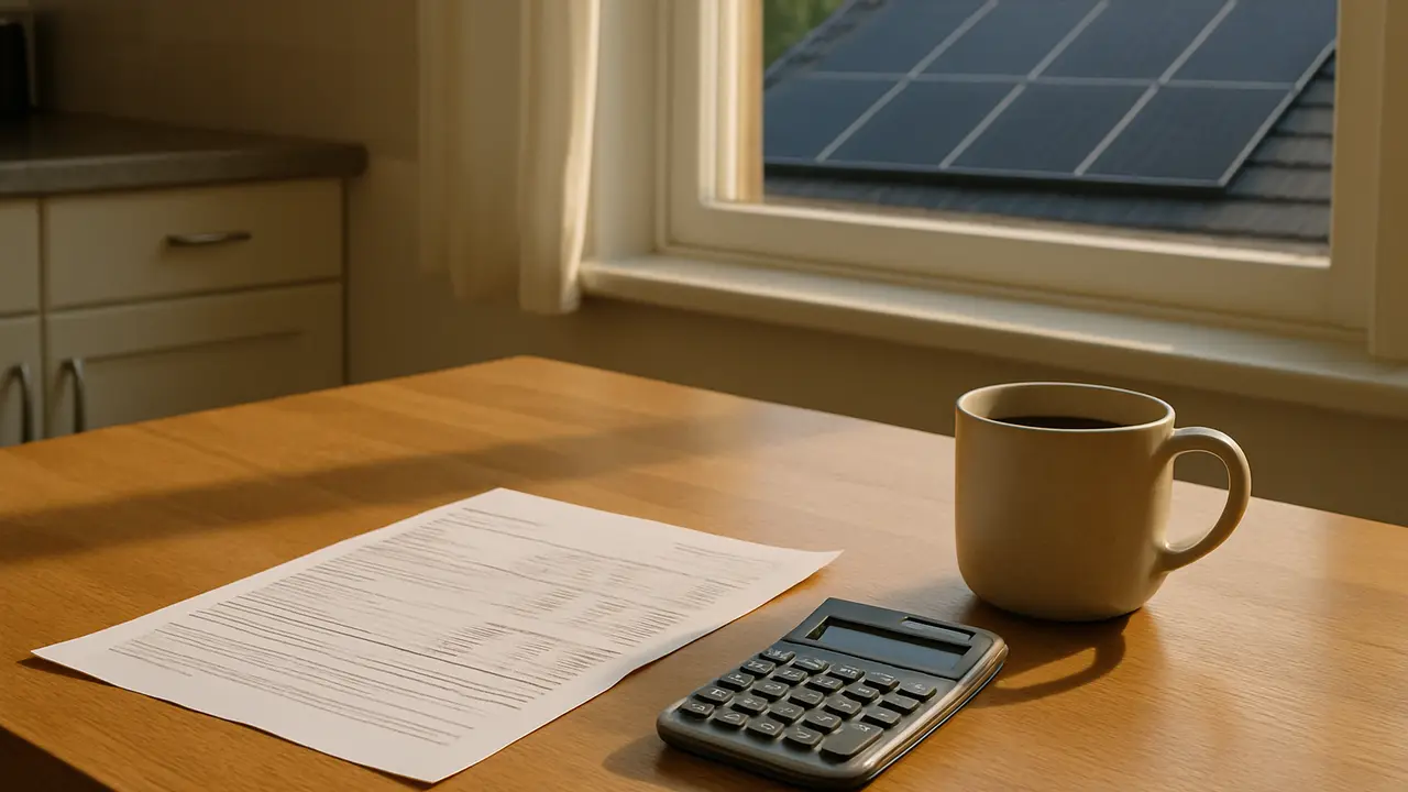 A homeowner's kitchen table with a printed electric bill, a calculator and a coffee mug, with rooftop solar panels visible through the window