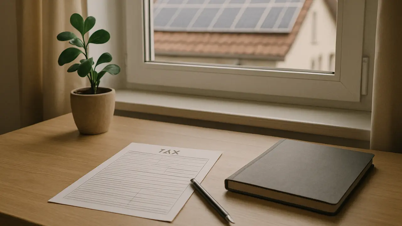 A blank tax form, a pen and a folder of solar installation paperwork on a desk beside a window with rooftop panels outside
