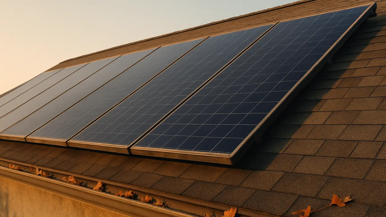 Weathered but clean dark solar panels on an older shingle roof under a clear late-afternoon sky