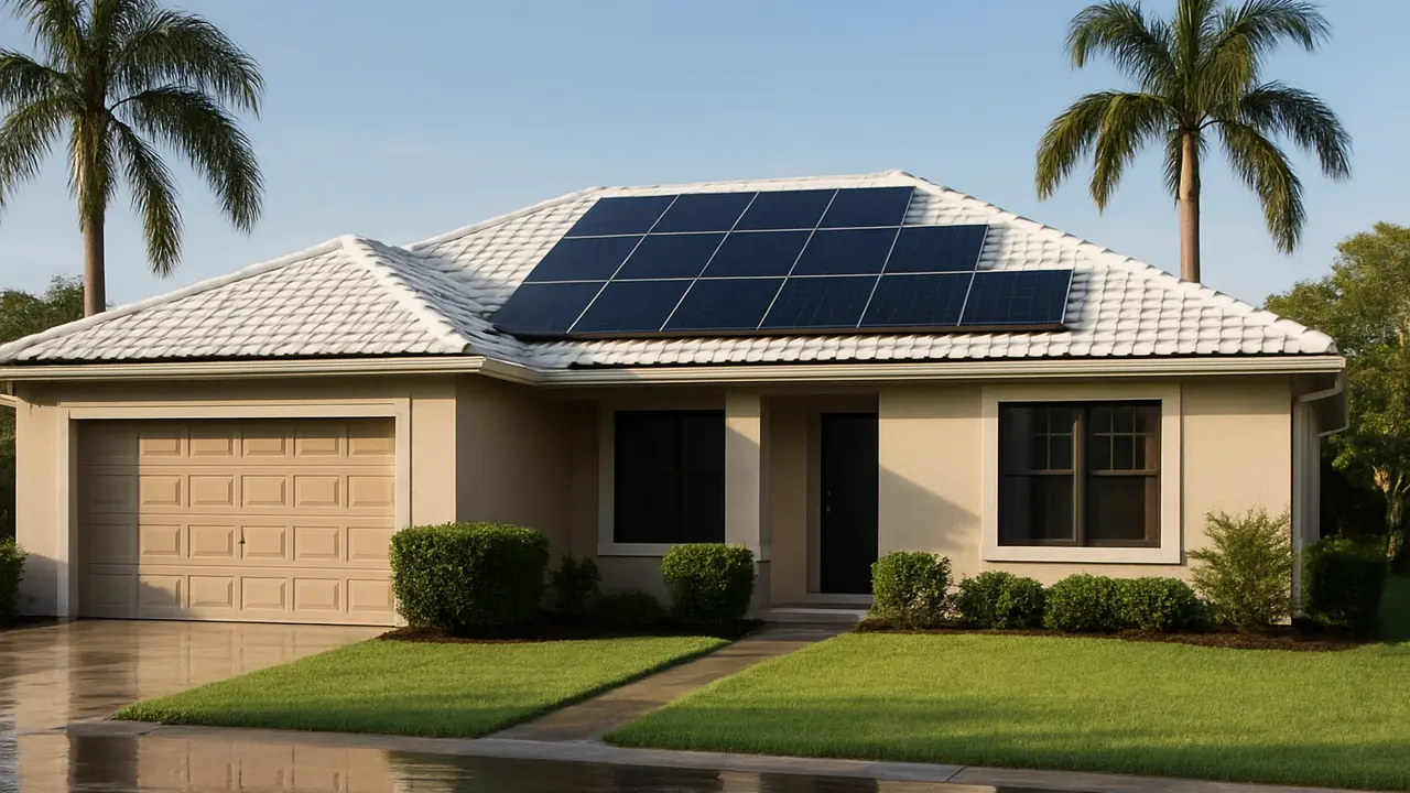 A light-colored Florida home with a hip roof covered in solar panels, palm trees and a clear sky